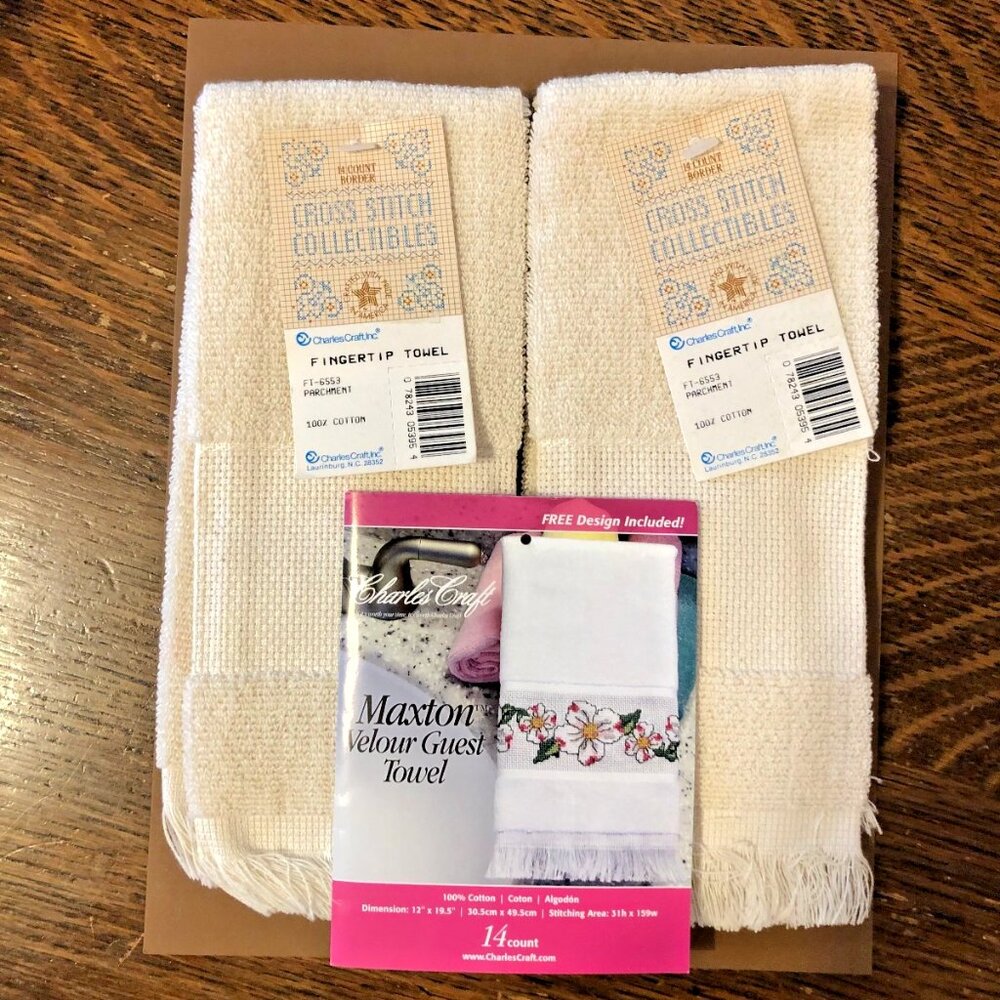 Pair Parchment Maxton Velour Cross Stitch Guest Towels w Design by Charles Craft